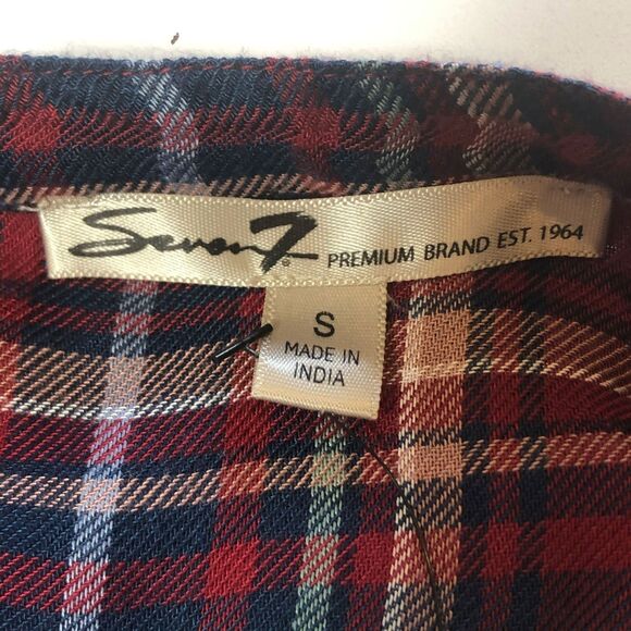 Seven7 Maroon Plaid Peasant Tie Neck Button Top SM - Picture 5 of 8